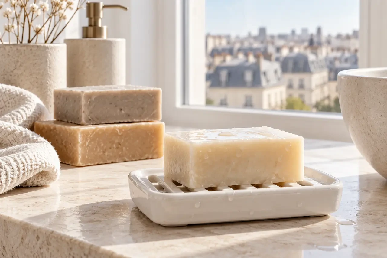 Savon solide Paris posé sur un porte-savon ajouré pour bien le conserver