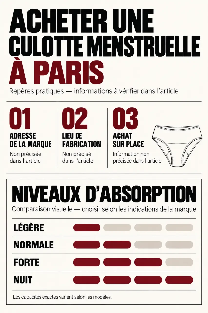 Infographie pour choisir une culotte menstruelle à Paris selon l’adresse, la fabrication et l’absorption