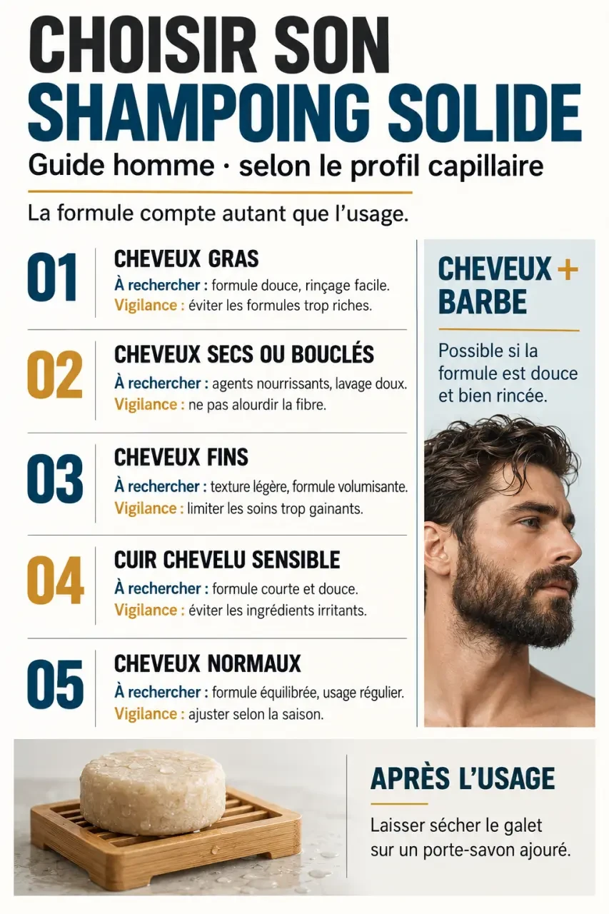 Infographie pour choisir un shampoing solide homme selon le type de cheveux et le cuir chevelu