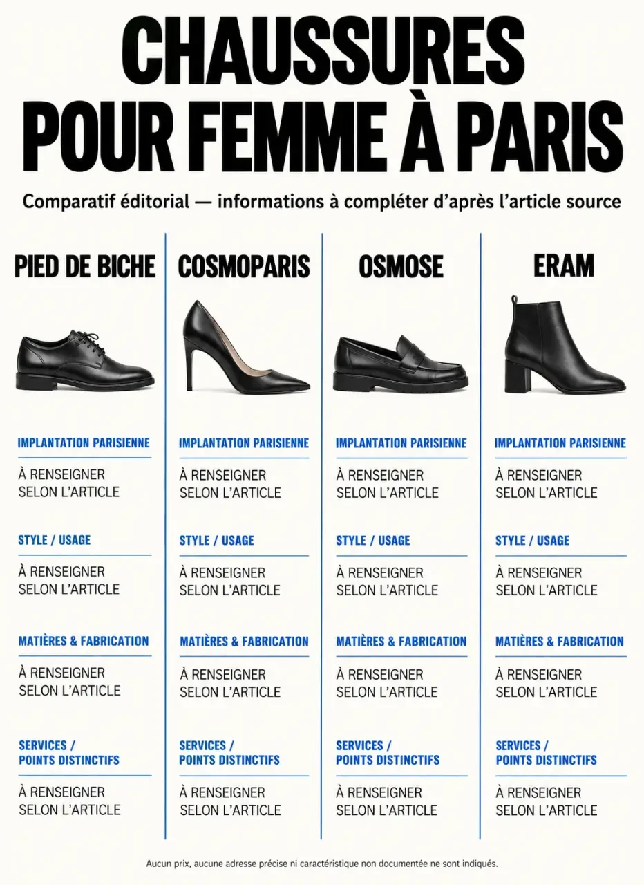 Comparatif de magasins de chaussures femme à Paris : Pied de Biche, Cosmoparis, Osmose et Eram