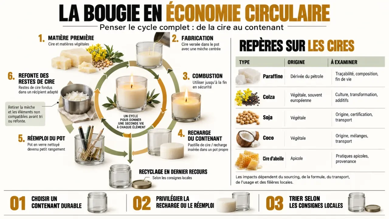 Infographie sur l’économie circulaire bougie et le cycle de vie des cires et contenants
