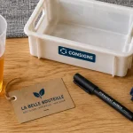 Gobelet réutilisable en consigne, 150 lavages, gobelet transparent et bac