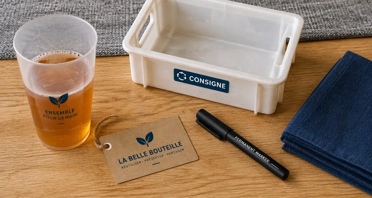 Gobelet réutilisable en consigne, 150 lavages, gobelet transparent et bac