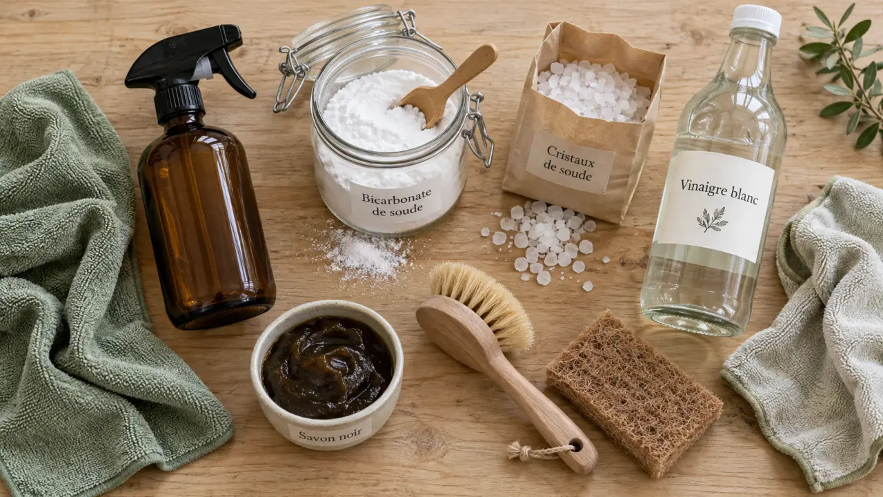 Produit naturel nettoyage : bicarbonate, vinaigre blanc et savon noir