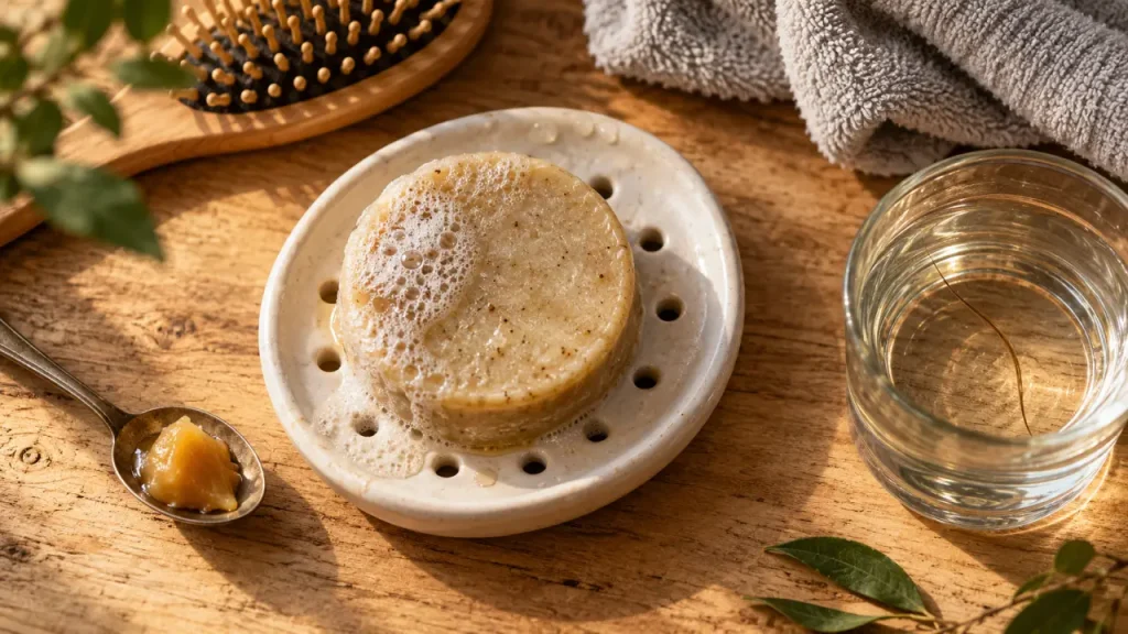 Shampoing solide cheveux secs sur table bois, beurre de karité et mousse