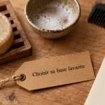 Shampoing solide homme sur porte-savon, mousse et étiquette