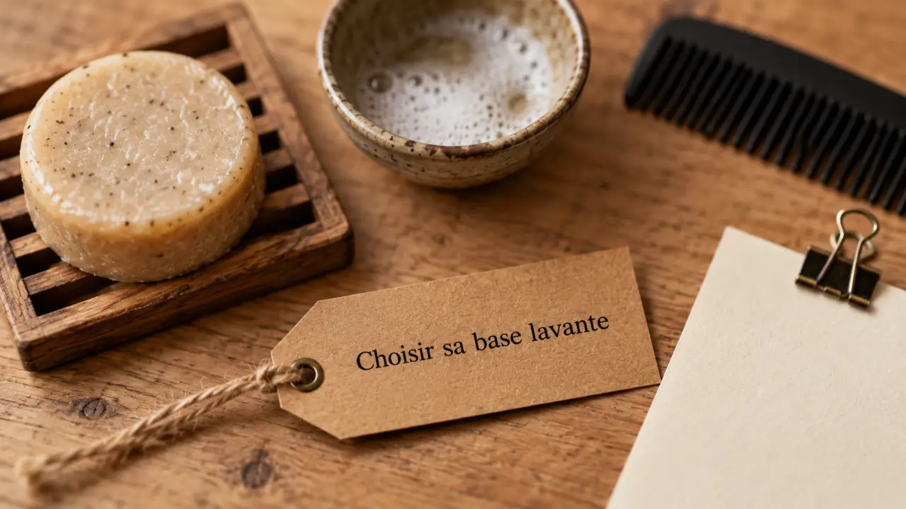 Shampoing solide homme sur porte-savon, mousse et étiquette