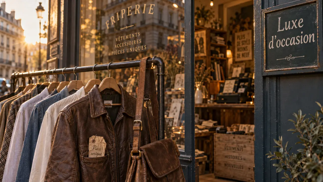 Vêtements de seconde main paris : vitrine friperie dorée à golden hour